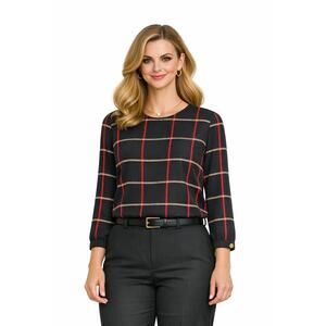 Liz Claiborne Women’s M Black Beige Red Plaid Career Office Corpcore Blouse EUC